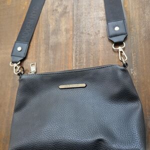 Steve Madden Black Leather Crossbody Bag -Wide Strap, Silver Hardware